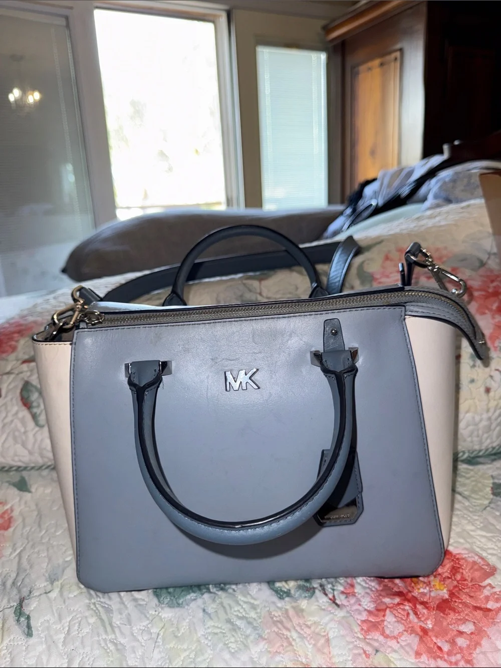 Michael Kors Gray and Cream Leather Satchel with Silver Hardware